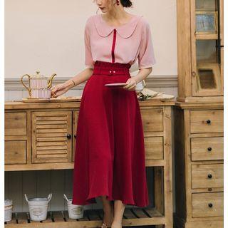 Set: Striped Elbow-sleeve Chiffon Blouse + High-waist Midi A-line Skirt