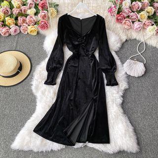 Ruched Long-sleeve Velvet Midi Dress