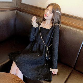 Square-neck Long-sleeve Sequined Midi A-line Dress
