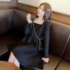Square-neck Long-sleeve Sequined Midi A-line Dress