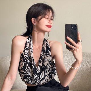 Halter Flower Print Top Black - One Size