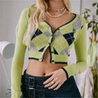 Long Sleeve V-neck Argyle Print Crop Cardigan Green - One Size