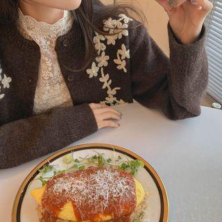 Flower Embroidery Woolen Cardigan Brown - One Size