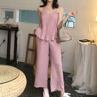 Set: V-neck Camisole Top + Cropped Wide-leg Pants