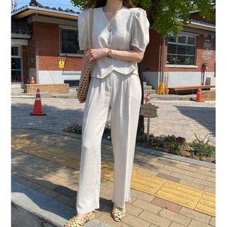Set: Short-sleeve Blouse + Straight Leg Pants