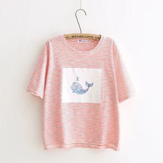 Whale Print Pinstriped Short-sleeve T-shirt