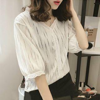 Elbow-sleeve Eyelet Lace Trim Perforated Blouse