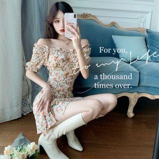 Boatneck Ruffled-trim Floral Mini Dress