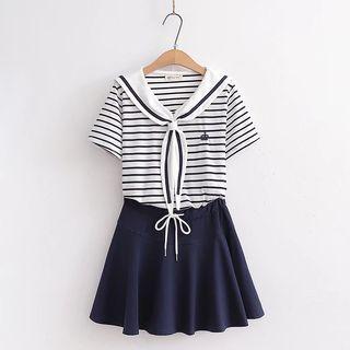 Set: Short-sleeve Striped Tie-neck T-shirt + A-line Skirt Set Of 2 - T-shirt & Skirt - White & Navy Blue - One Size