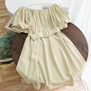 Puff-sleeve Belt-waist Chiffon A-line Dress
