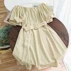 Puff-sleeve Belt-waist Chiffon A-line Dress