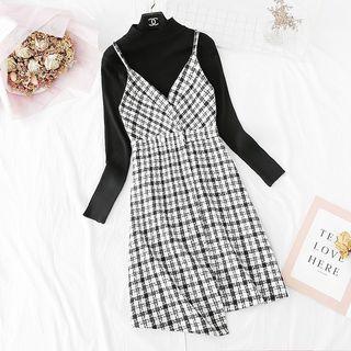Set: Mock Neck Knit Top + Asymmetric Spaghetti Strap Dress