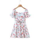 Square-neck Floral Tie-waist Mini A-line Dress