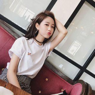 Set: Short-sleeve Dog Print T-shirt + Striped Midi A-line Skirt