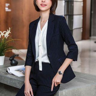 Short-sleeve Blouse / 3/4-sleeve Striped Blazer / Dress Pants