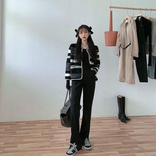 Striped Cardigan / Slit Straight Leg Pants