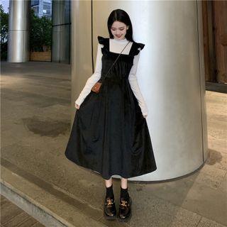 Frill Trim Midi A-line Overall Dress / Long-sleeve Mock-neck Top