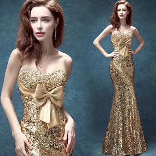 Strapless Embellished Bowed Mermaid Evening Dress