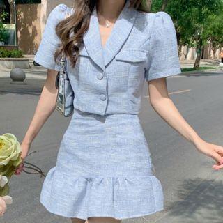 Puff-sleeve Lapel Button-up Cropped Jacket / Ruffle Hem Mini A-line Skirt