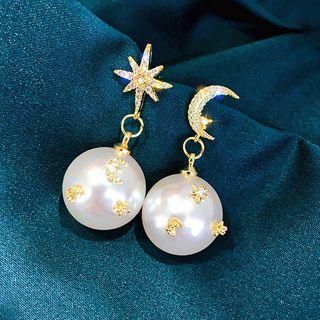 Asymmetrical Faux Pearl Moon Star Drop Earring 1 Pair - Gold - One Size