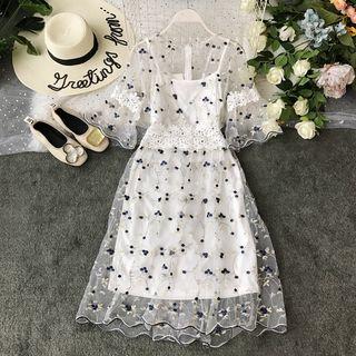 Set: Floral Embroidered Mesh Dress + Slipdress