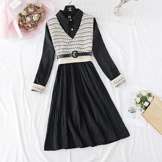 Set: Pointy Collar Chiffon Midi Dress + Sleeveless Tweed Top