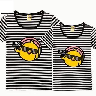 Short-sleeve Cartoon Print Oversized Crewneck Striped T-shirt
