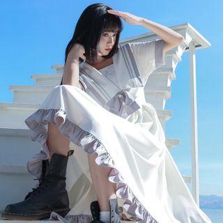 Short-sleeve Ruffle Hem Sailor-collar Midi Dress