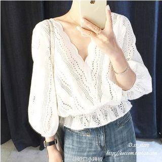 3/4-sleeve V-neck Perforated Top