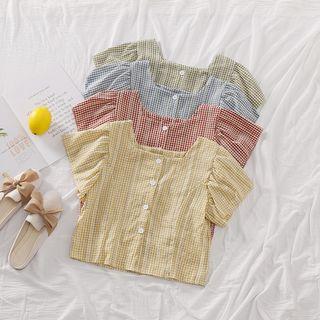 Short-sleeve Gingham Buttoned Top