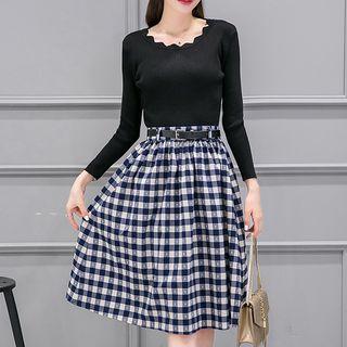 Set: Scallop Trim Rib-knit Top + Gingham Midi Skirt