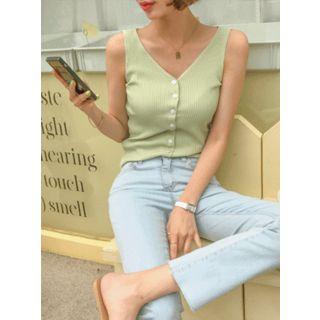 V-neck Sleeveless Buttoned Rib-knit Top