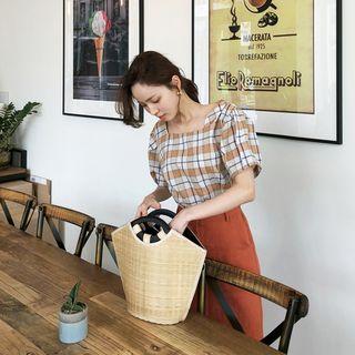 Check Pintuck-sleeve Square-neck Top