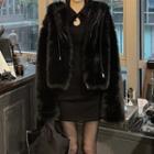 Faux Fur Zip Hoodie / Long-sleeve Collared Cutout Mini Ribbed Dress