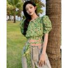 Tie-hem Puff-sleeve Floral Crop Blouse As Figure - One Size