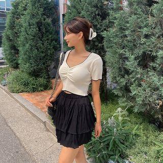 Contrast-trim Shirred Knit Crop Top