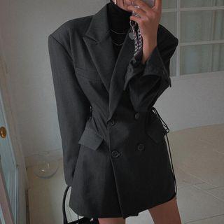 Plain Double-breasted Tie-strap Blazer