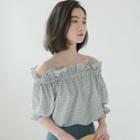 Elbow-sleeve Plaid Blouse Gingham - Light Gray - One Size
