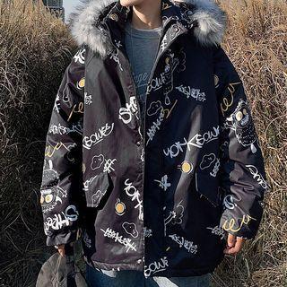 Fluffy Trim Hooded Cartoon Print Jacket