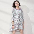 3/4-sleeve Lace-panel Printed Dress