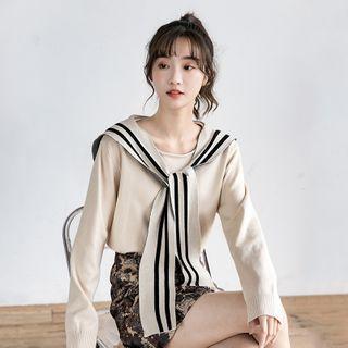 Crewneck Plain Long-sleeve Top With Striped Cape