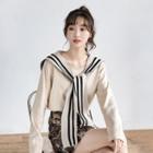 Crewneck Plain Long-sleeve Top With Striped Cape