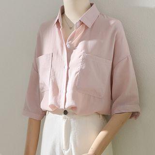 Elbow-sleeve Lapel Cotton Linen Shirt
