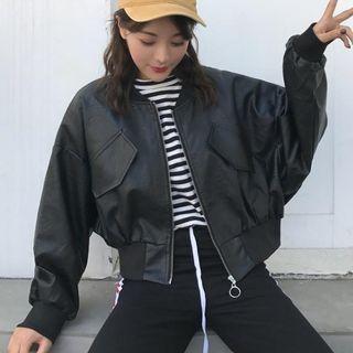 Faux-leather Bomber Jacket Black - One Size
