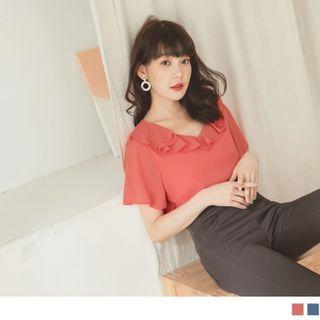 Short-sleeve Ruffle Trim Plain Chiffon Top