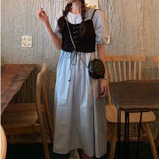 Set: Puff-sleeve A-line Dress + Lace-up Camisole Top As Shown In Figure - One Size