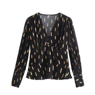 Long-sleeve V-neck Geometric Print Blouse