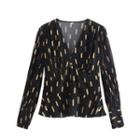Long-sleeve V-neck Geometric Print Blouse
