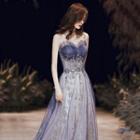 Strapless Rhinestone Mesh A-line Evening Gown