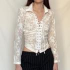 Long Sleeve Lace-up Floral Embroidered Crop Shirt